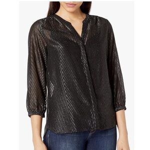 NYDJ Women’s XS Black Lurex Pintuck 3/4 Length Sleeve V-Neck Relaxed Fit Blouse